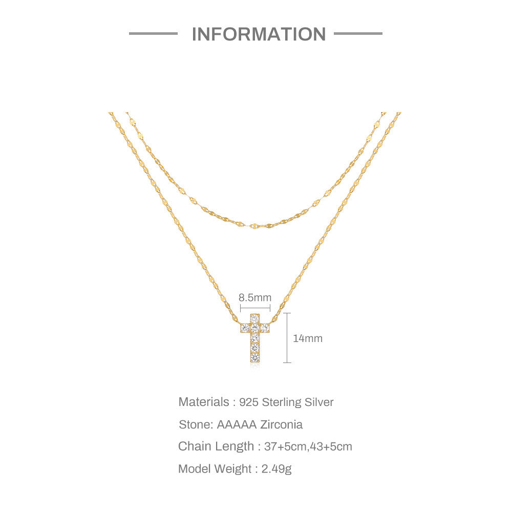Sterling Silver Double Layer Twin Cross Diamond-studded Necklace