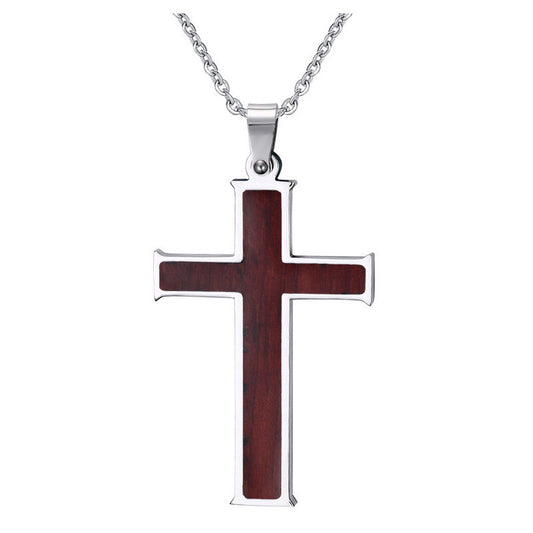 Inlaid wood grain cross necklace