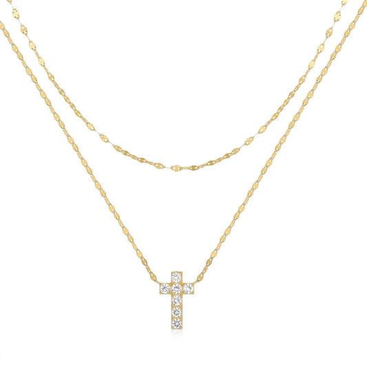Sterling Silver Double Layer Twin Cross Diamond-studded Necklace