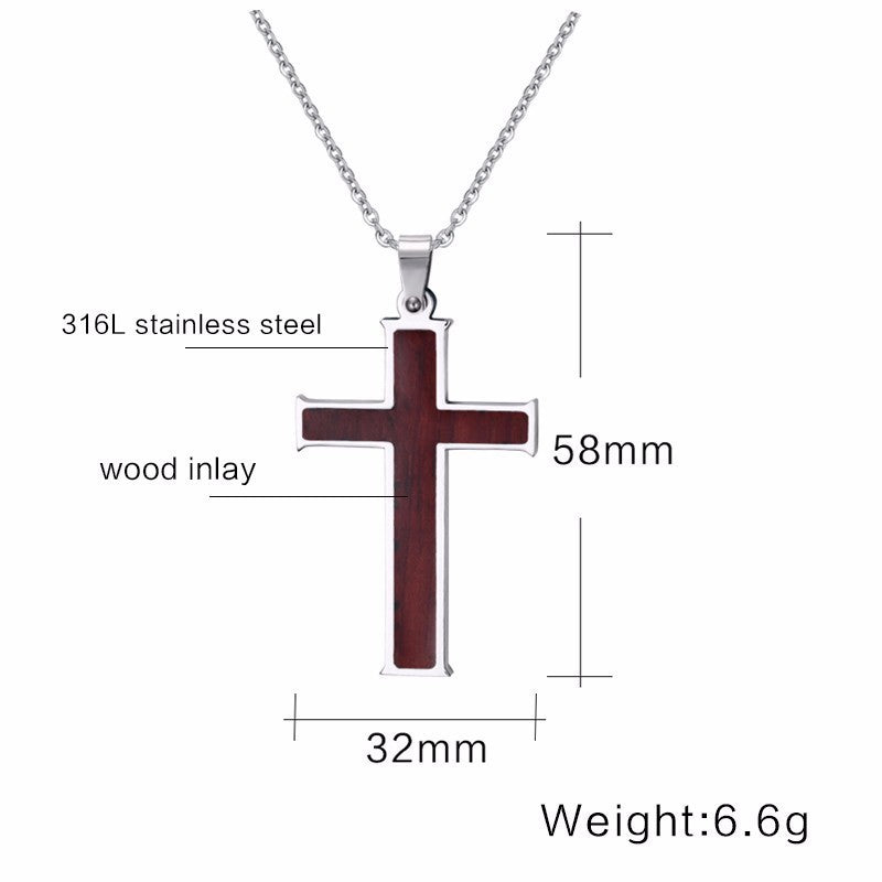 Inlaid wood grain cross necklace